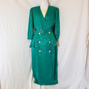 Vintage Early-80s Emerald Green Elegant Damask Power Dress by Breli Originals